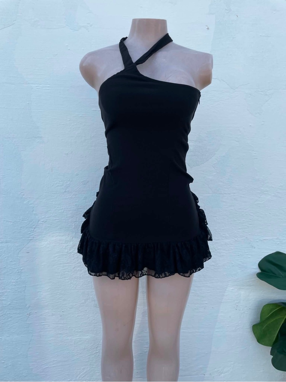 Black Halter Ruffle Hem Mini Dress